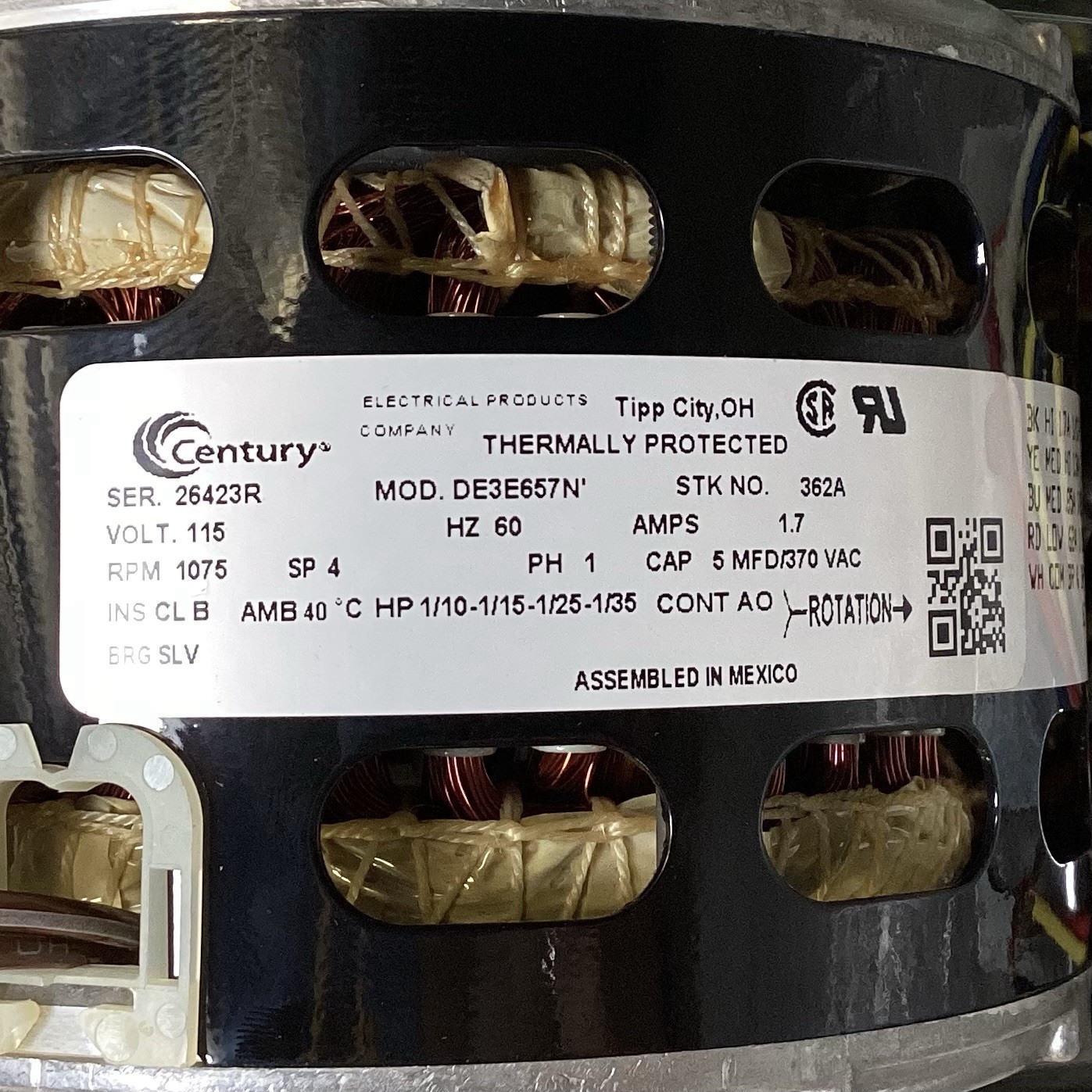 CENTURY 362A Room Air Conditioner Motor 1/10hp 1075rpm 115V 1001-1100