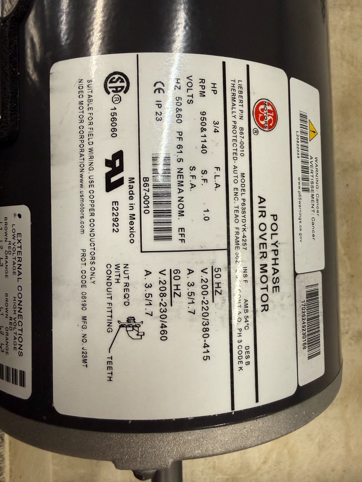 LIEBERT KIT-B670010 Polyphase Air Over Motor 208-230/460V AC, 3/4 hp, 3 Phase