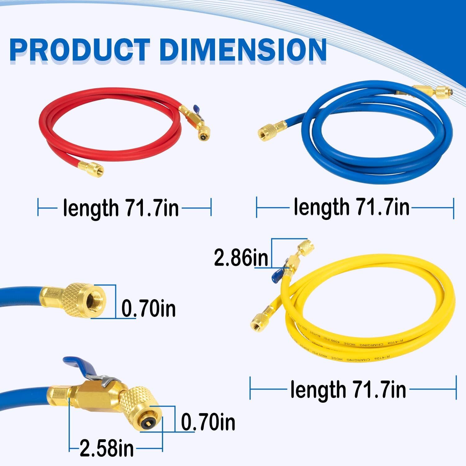 3 Pack 29986 Plus II 1/4″ Red Blue Yellow Charging Hose Compact Ball Valve 72″