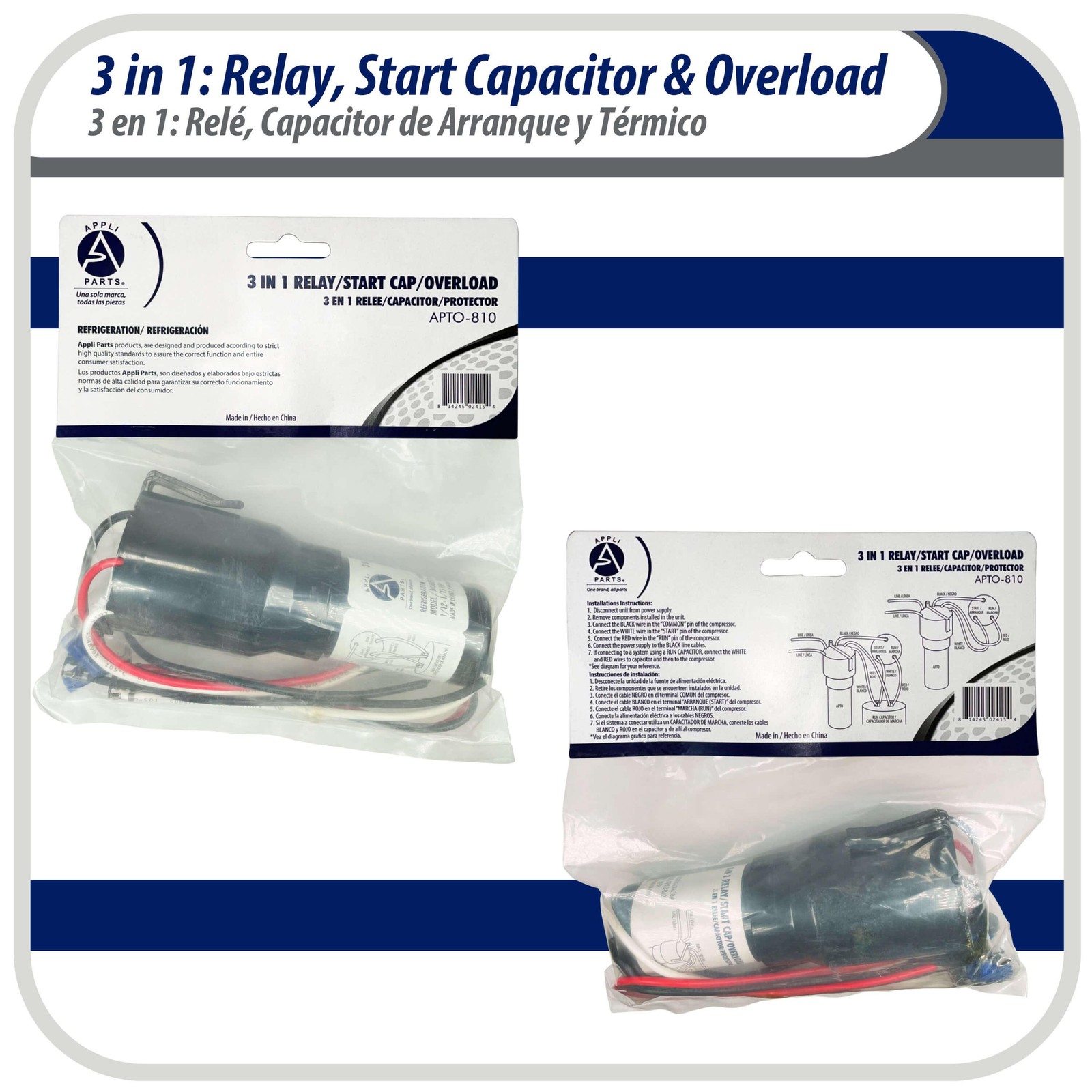 Appli Parts APTO-810 1/12 to 1/5 Hp, 115 V, 3 in 1 Solid State Hard Start Relay,