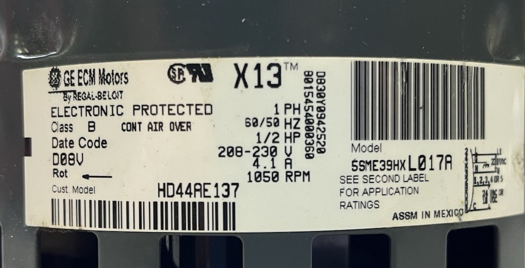 Carrier / BRYANT HD44RE137 Blower Motor, 208/230V, 1050RPM, ECM X-13