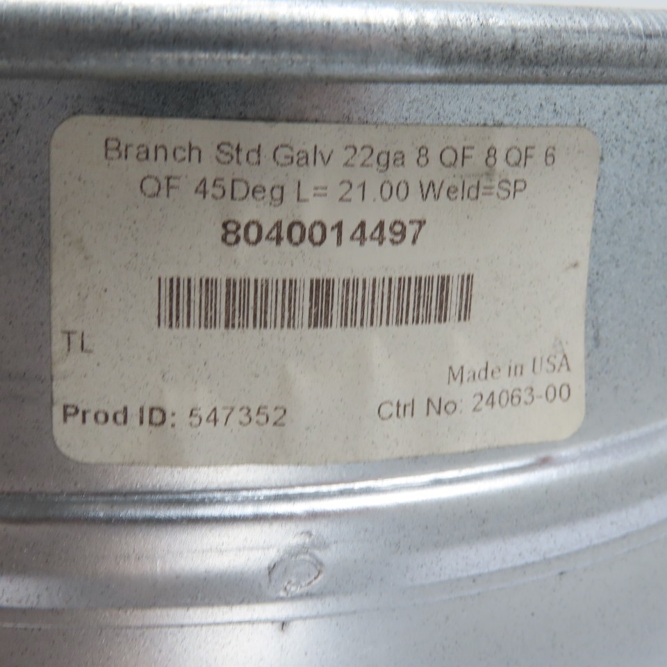Nordfab 8040014497 8″ x 6″ QF 45° Galvanized Reducing Branch Duct 22ga
