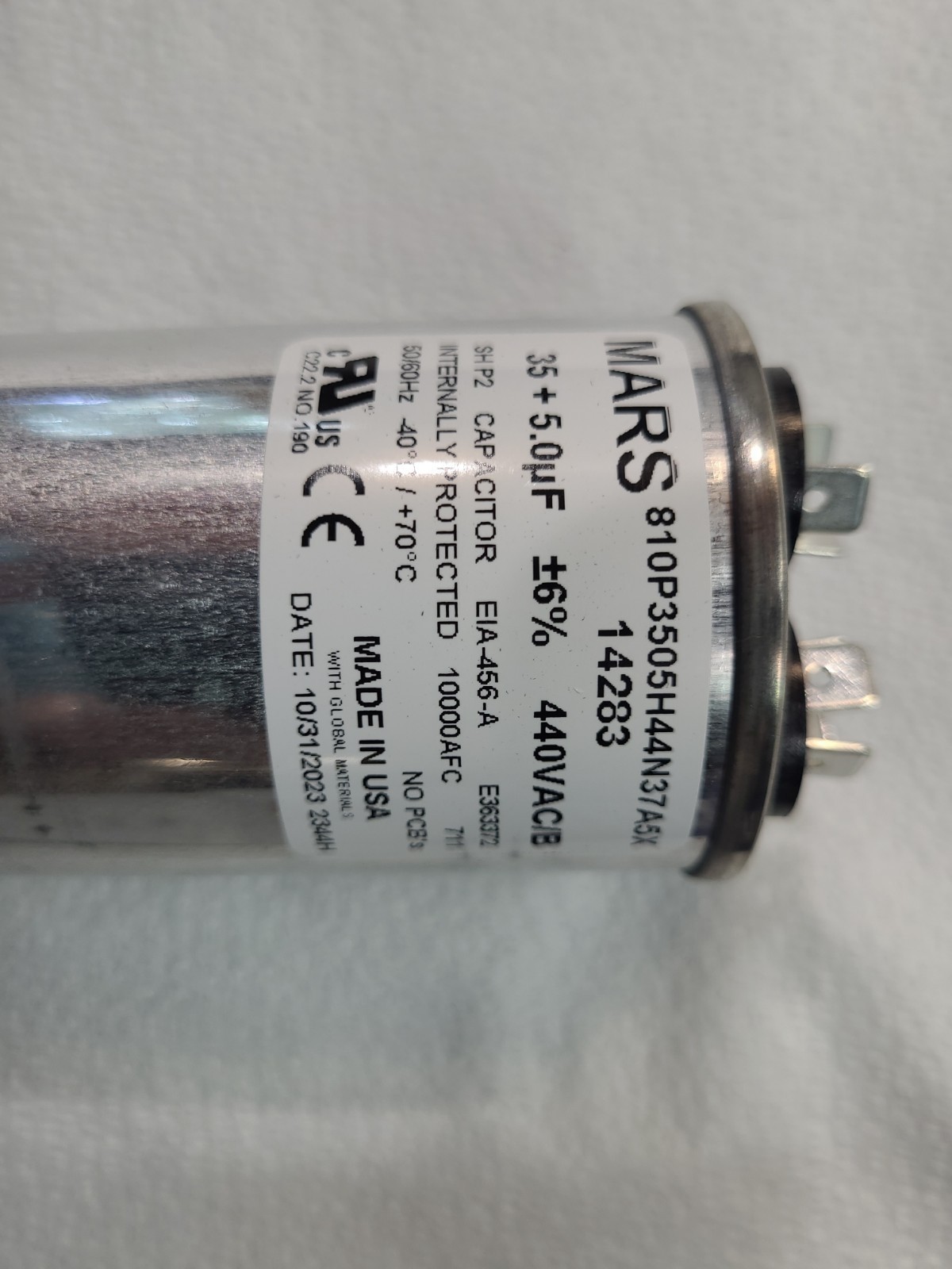 Mars 14283 Motor Run Capacitor NOS 35/5 MFD- Round 370/440VAC Dual Voltage Rated