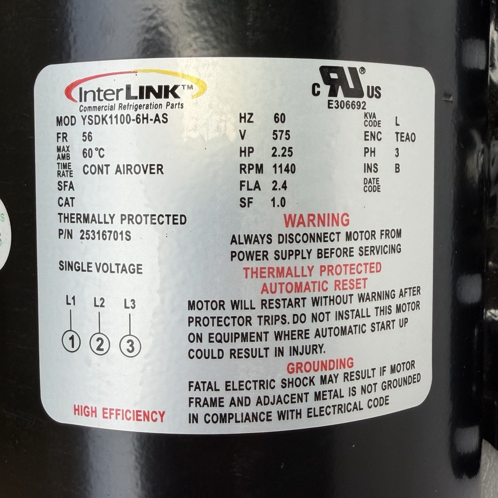 Heatcraft 25316701S Refrigeration Motor, 575V, 60HZ, 3PH, 1140RPM, 2.25HP