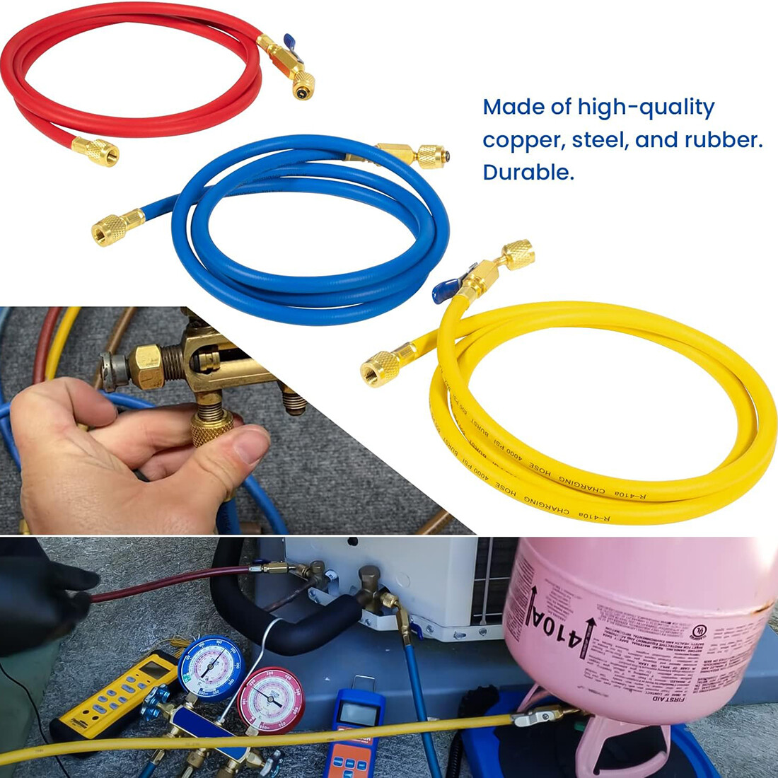 29986 Plus II 1/4″ Red Blue Yellow Charging Hose Compact Ball Valve 72″ 3 Pack