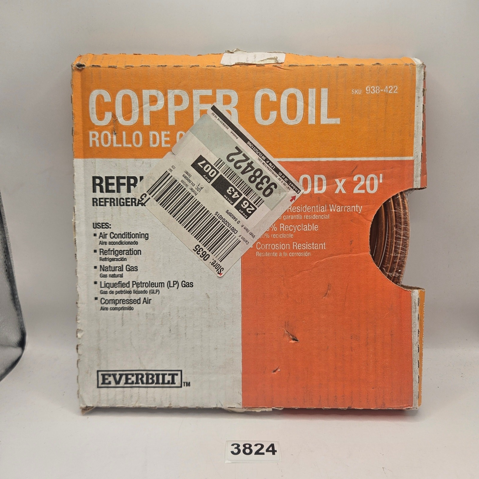 EVERBILT SOFT COPPER REFRIGERATION COIL 1/4″ OD X 20 FT 938-422 NIB