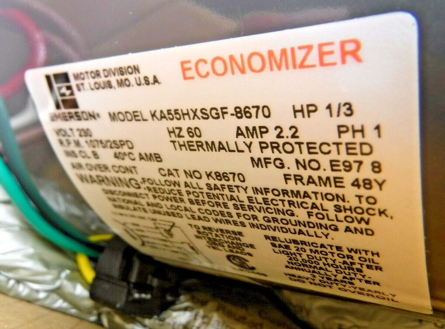 Emerson 8670, KA55HXSGF-8670 Permanent Split Capacitance Condenser Fan Motor