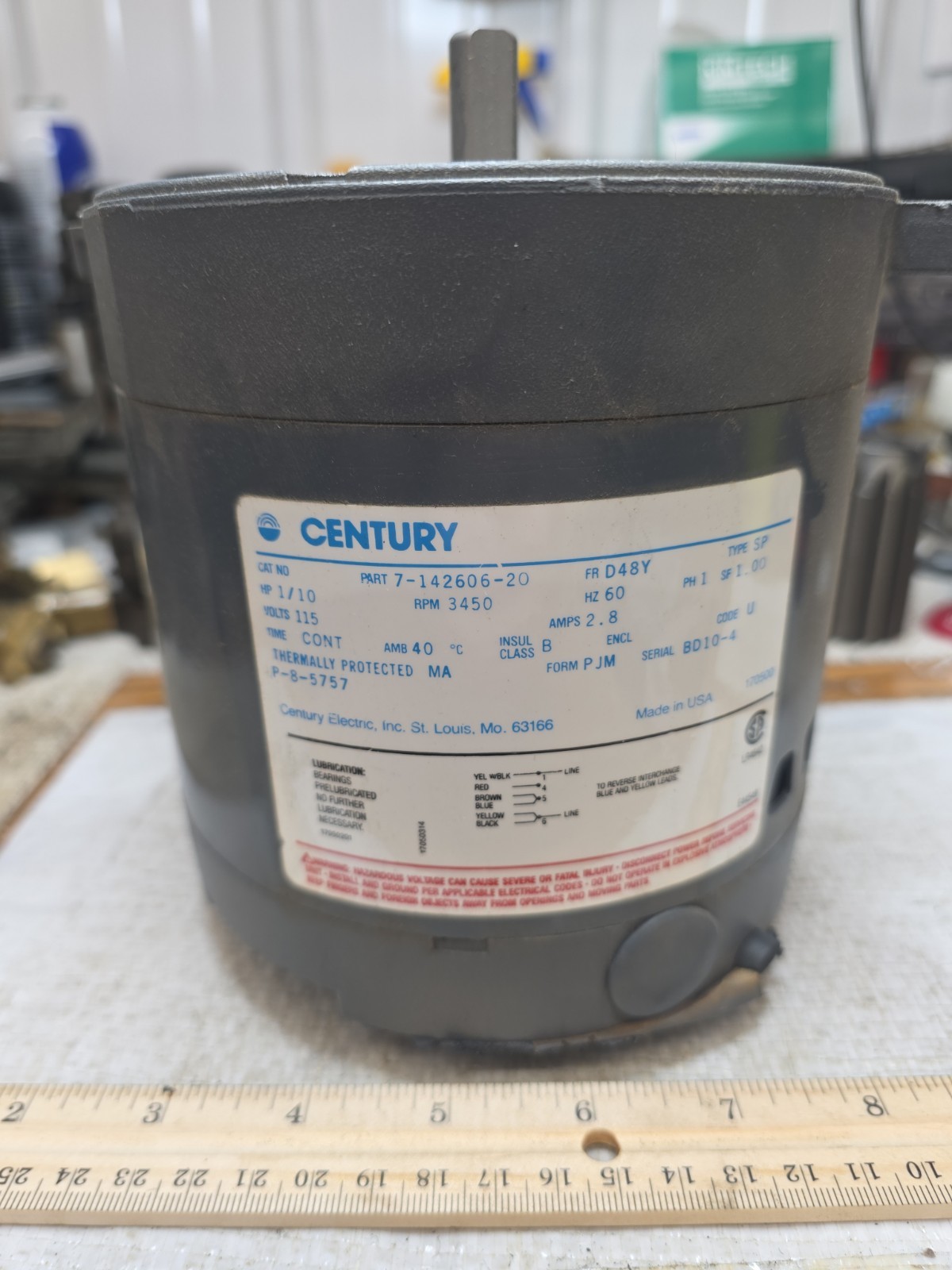 Century Motor – 7-142606-20 / P8-5757 – 1/10 HP, 3450 RPM, 115 V2.8 AMP – NOS
