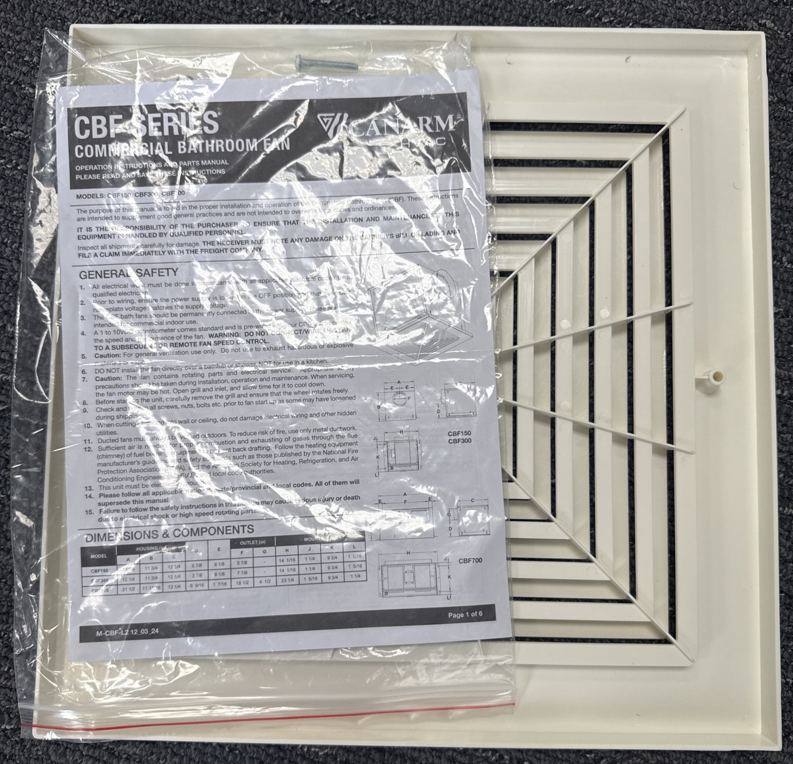 Canarm CBF300 Commercial Bathroom Exhaust Fan, 115VAC, 320 Max CFM, 2.9 Sones