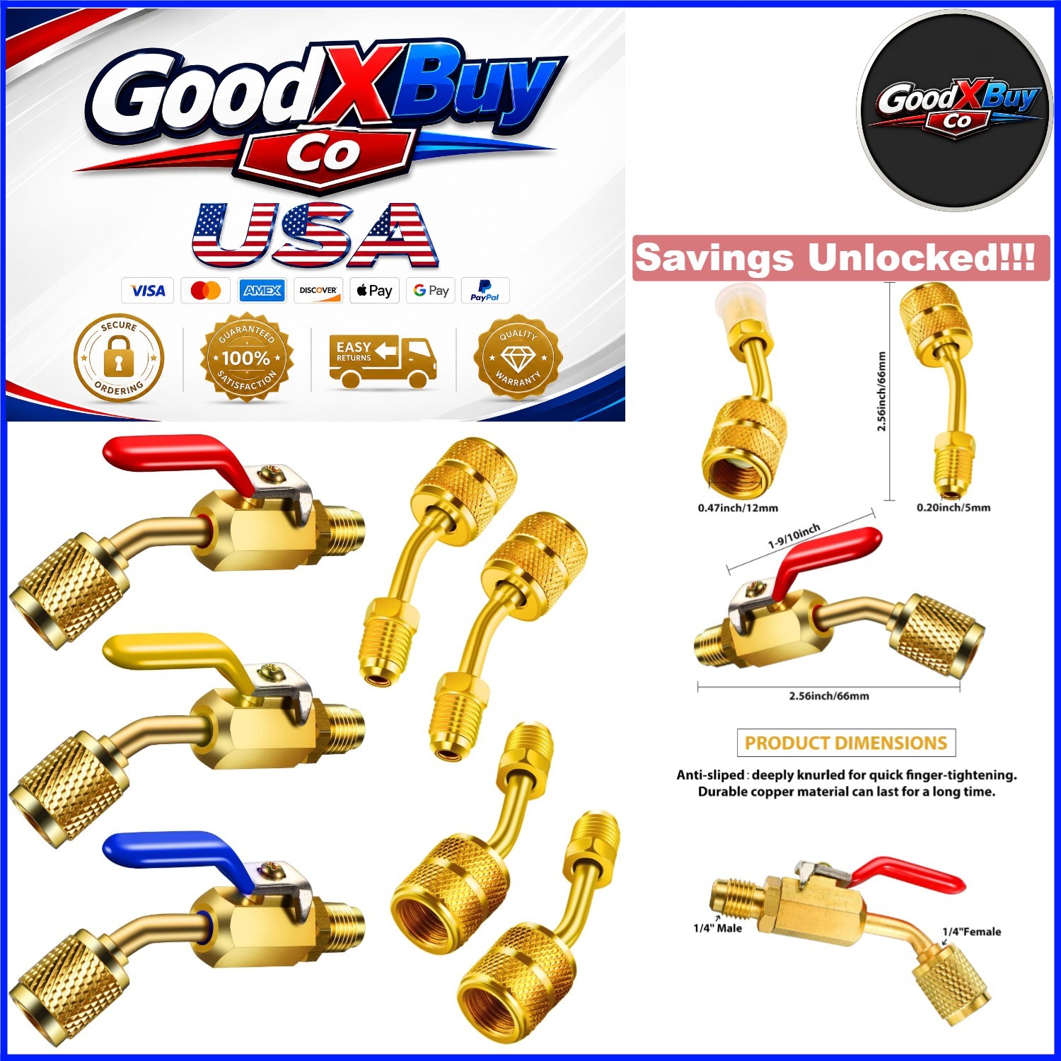 7 Pcs HVAC Ball Valve & Adapter Set 1/4 Inch for R410A R134A R12 R22 Copper Gold