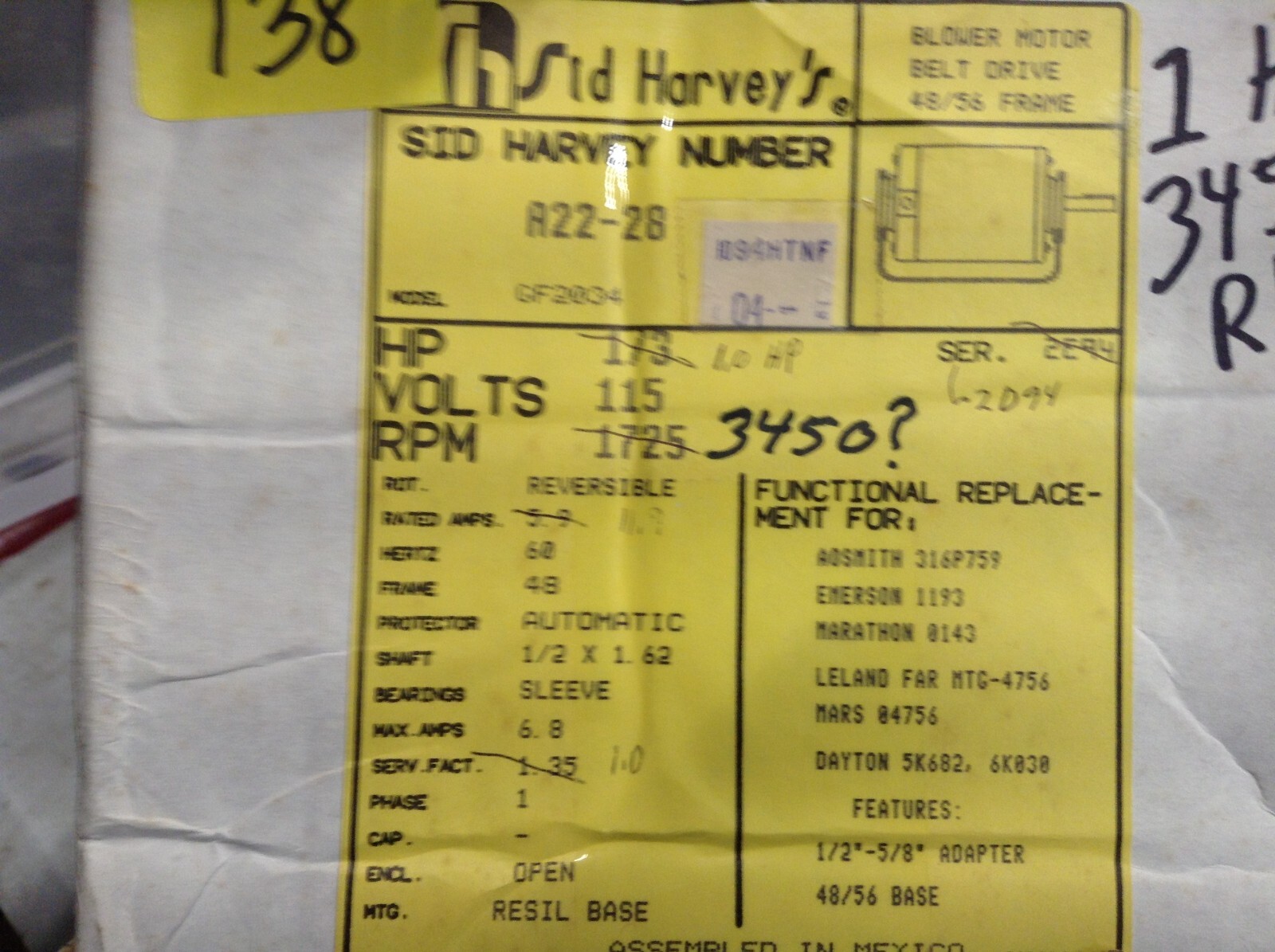 NEW Sid Harvey Blower Motor Belt Drive 48/56 Frame A22-28