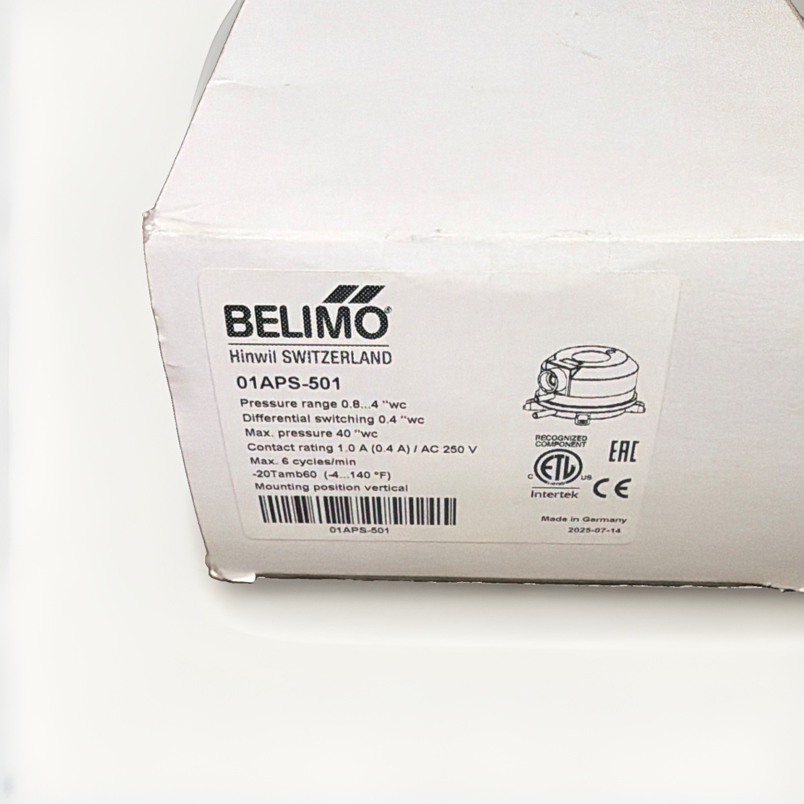 Belimo 01APS-501 Pressure Switch 0.8-4 in. w.c., Max 40 in. w.c., 250V #87/1