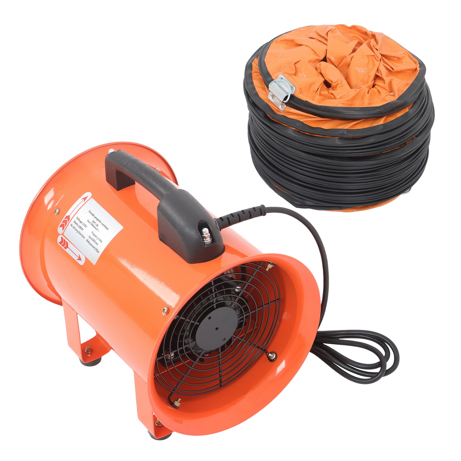 8 Inch Industrial Portable Blower Fan 16.4ft Duct Hose 180W 900CFM 3450RPM