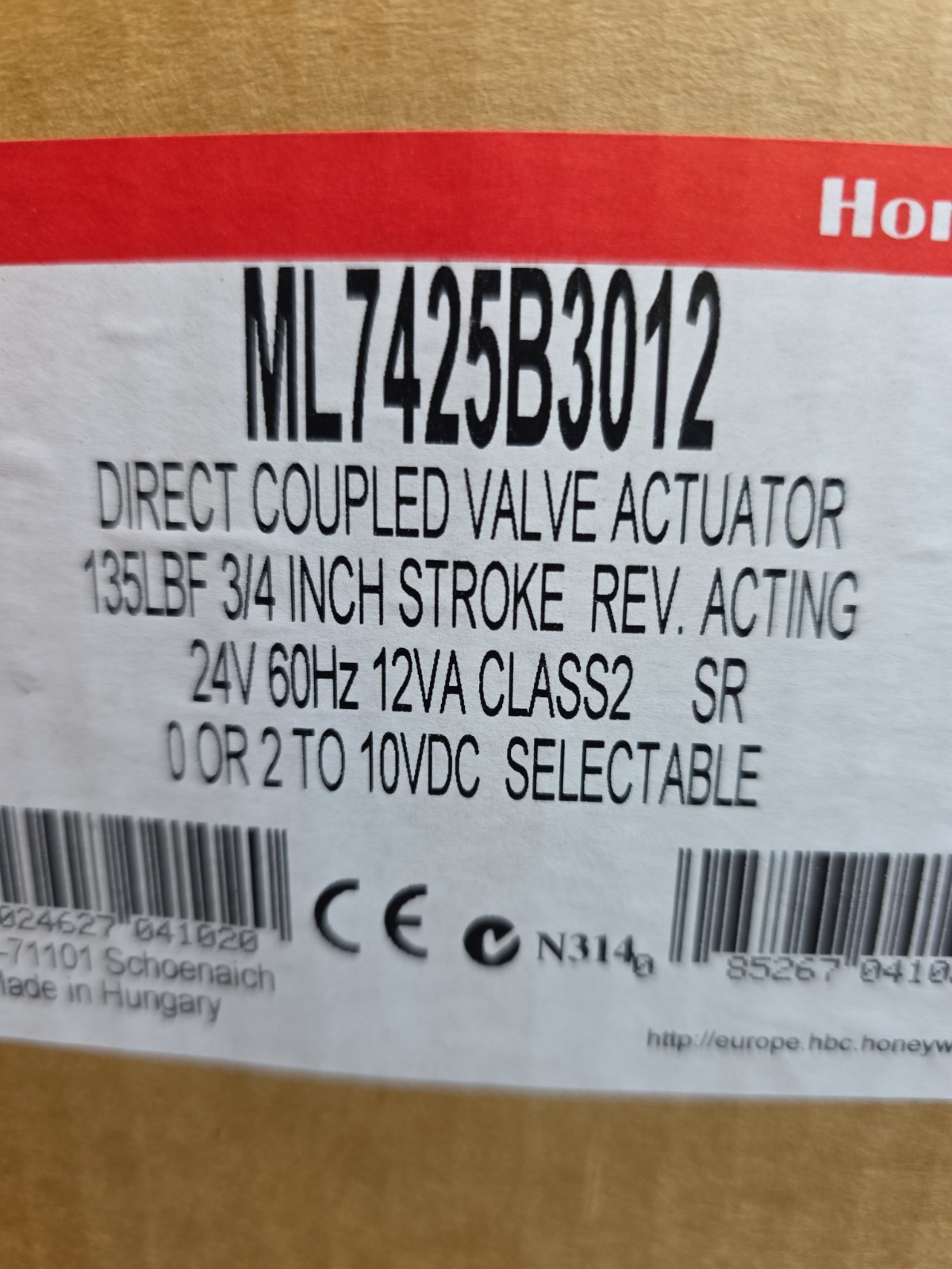 Honeywell ML7425B3012 Direct Coupled Valve Actuator 3/4 Stroke 24 Vac 135lbf