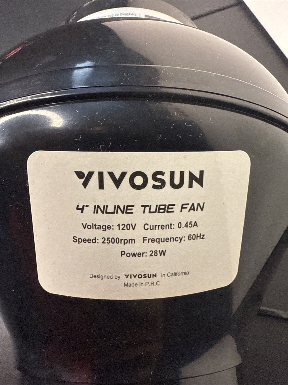VIVOSUN 4″ Inline Tube Fan 120v Speed 2500rpm Current 0.45A 60Hz Tested 28w