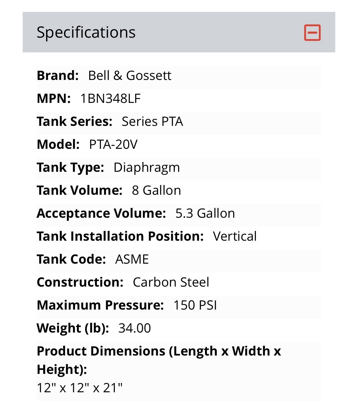 Bell & Gossett BN348LF PTA-20VASME DiaphragmExpansion Tank 8 Gallon New Open Box