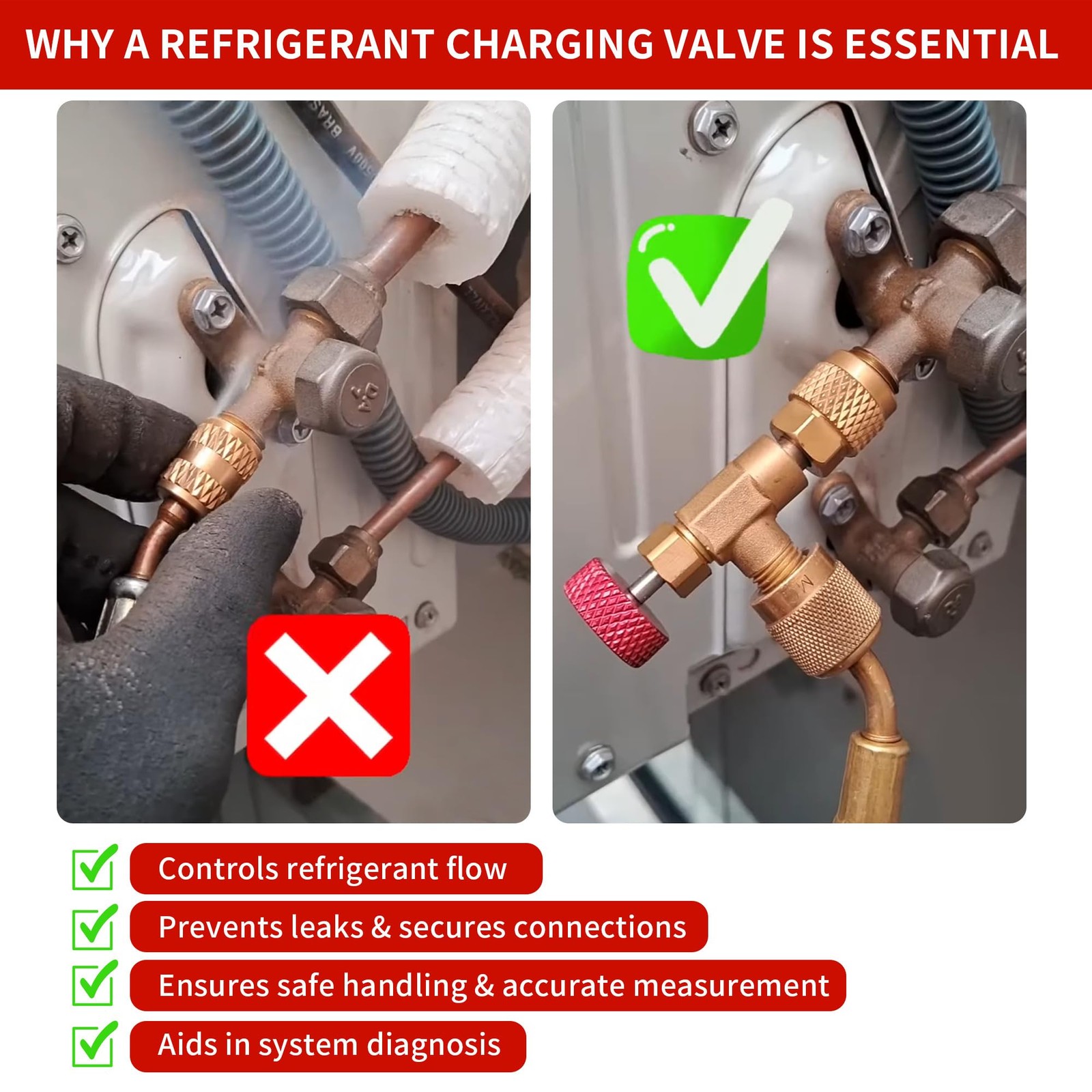 Refrigerant Charging Valve Set, 5/16″ Safety Adapter Flow R410A, Brass