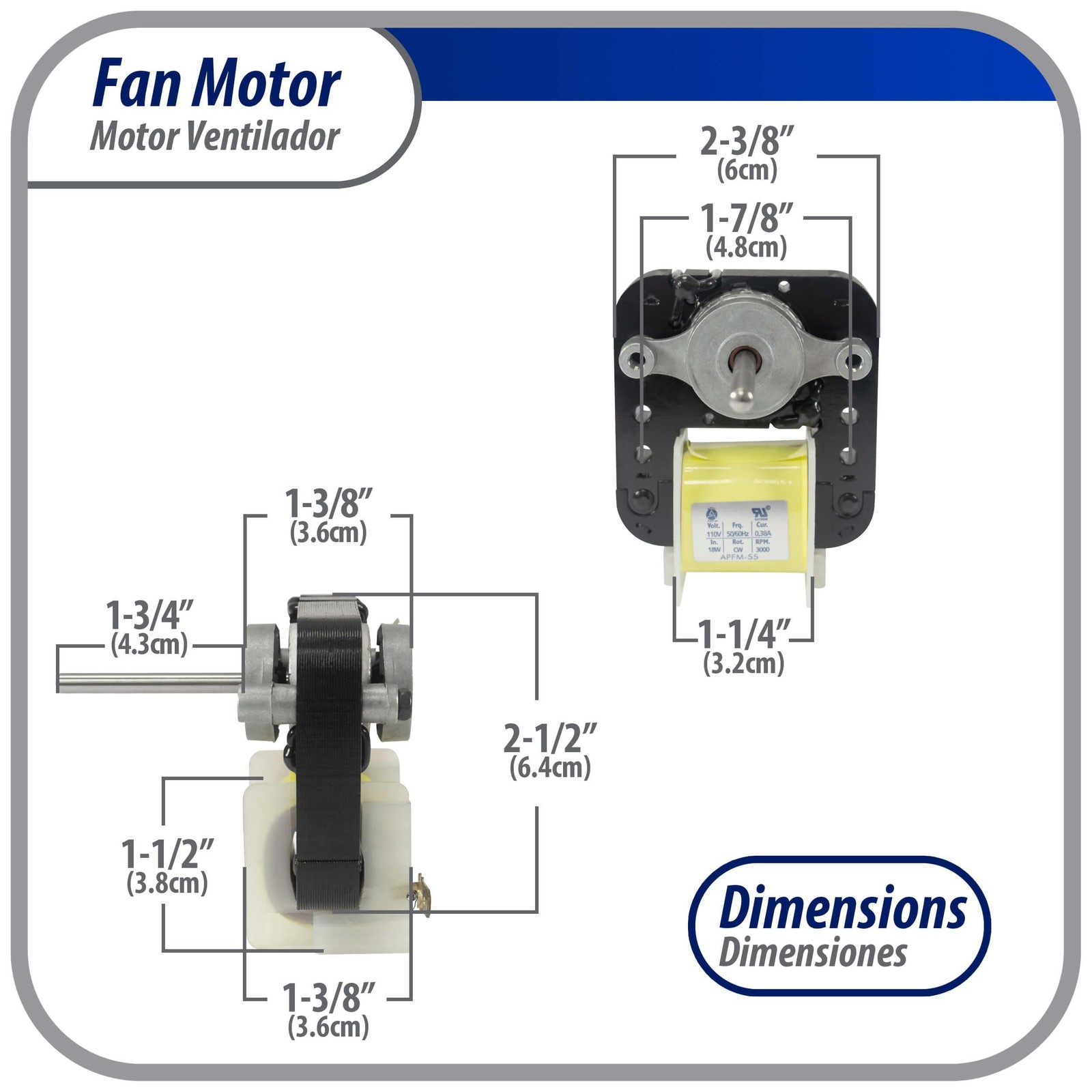 Appli Parts APFM-55 18 W Fan Motor, 110 V, 50/60 Hz, 0.38 A, 3000 rpm, CW rotati