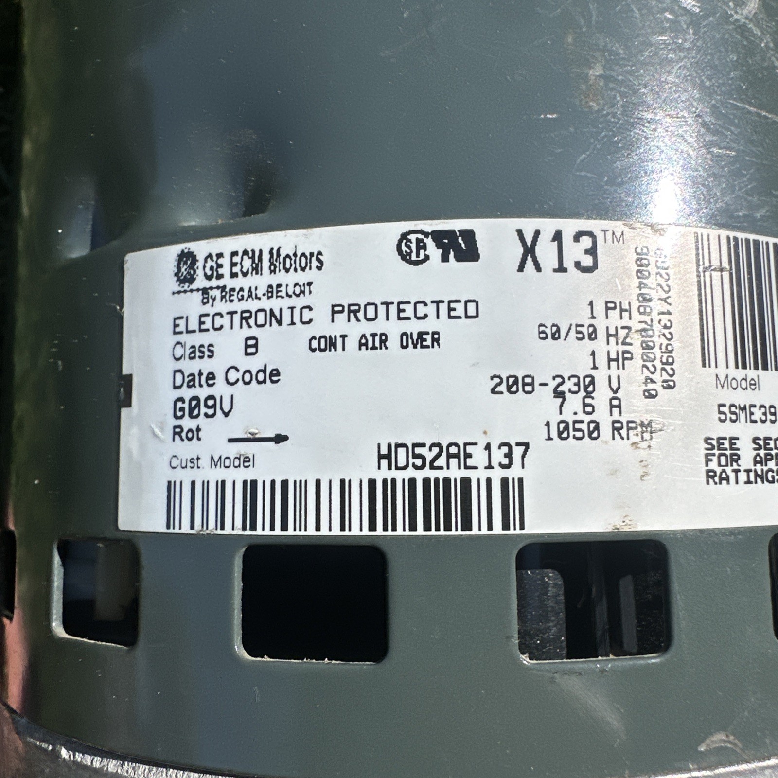 Genteq X13 1HP ECM Blower Motor 5SME39SXL122 HD52AE137 200-230V 1050RPM