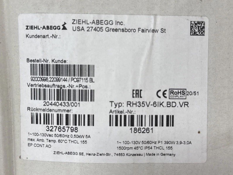 2 Units Ziehl-Abegg RH35V-6IK.BD.VR 110V VAC, Centrifugal Fan, Germany