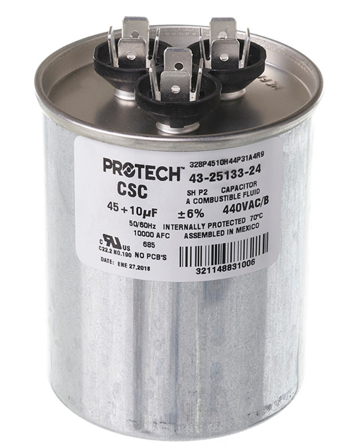 RUUD 43-25133-24 Dual Run Capacitor 45/10 UF 440V Aluminum 4-Terminal
