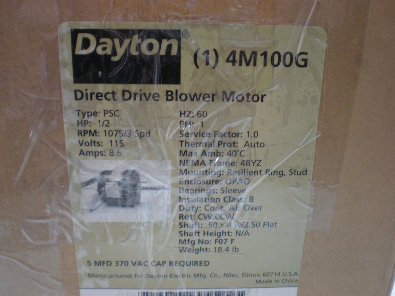 DAYTON 4M100G D/D Blower Motor 3 Speed, Open Air-Over, Ring/Stud Mount, 1/2 HP