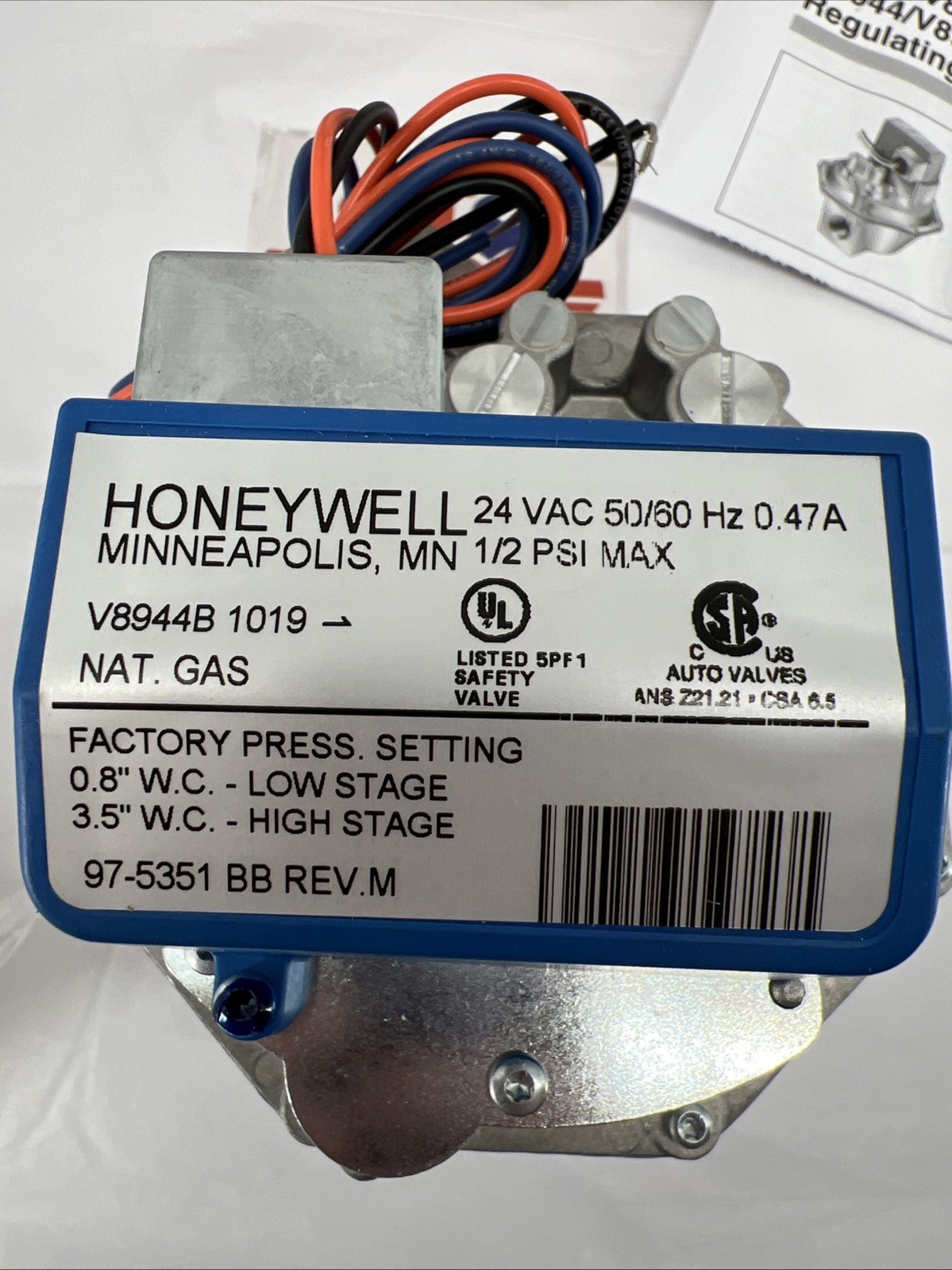 Honeywell V8944B 1019 Diaphragm Gas Valve, 24V, 50/60 Hz, 1” NPT, 1/2 PSI, NG