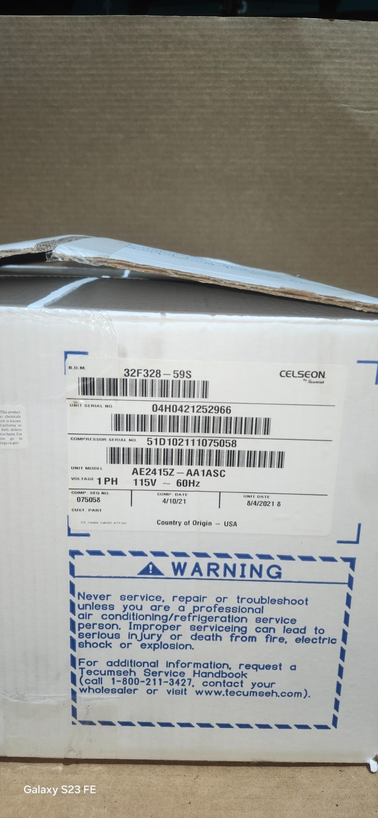 NEW Tecumseh 32F328-59S Indoor Condensing Unit 1/3 HP 115V R404A/R448A LBP AE241
