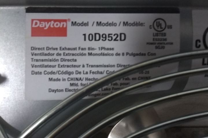 Dayton 10D952D 1/30 HP 115VAC 8 In Blade Diameter Exhaust Fan (BW)