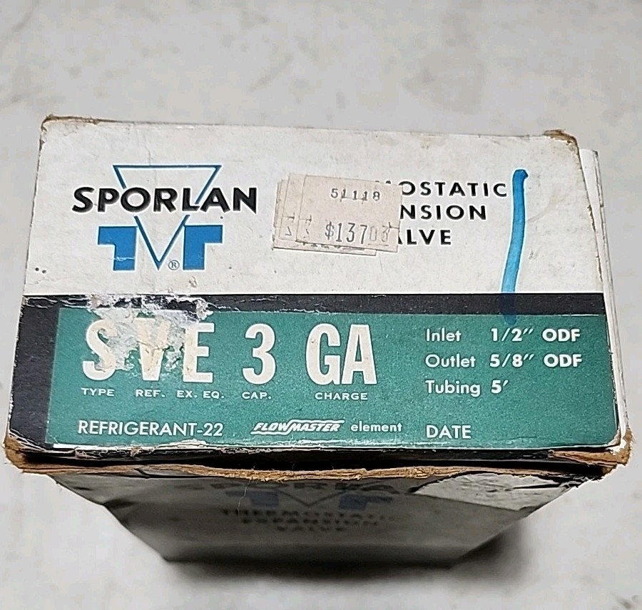 Carrier Sporlan EXPANSION VALVE EA02SC426, SVE-3-GA – 1/2 IN 5/8 OUT 5″ TUB NOS