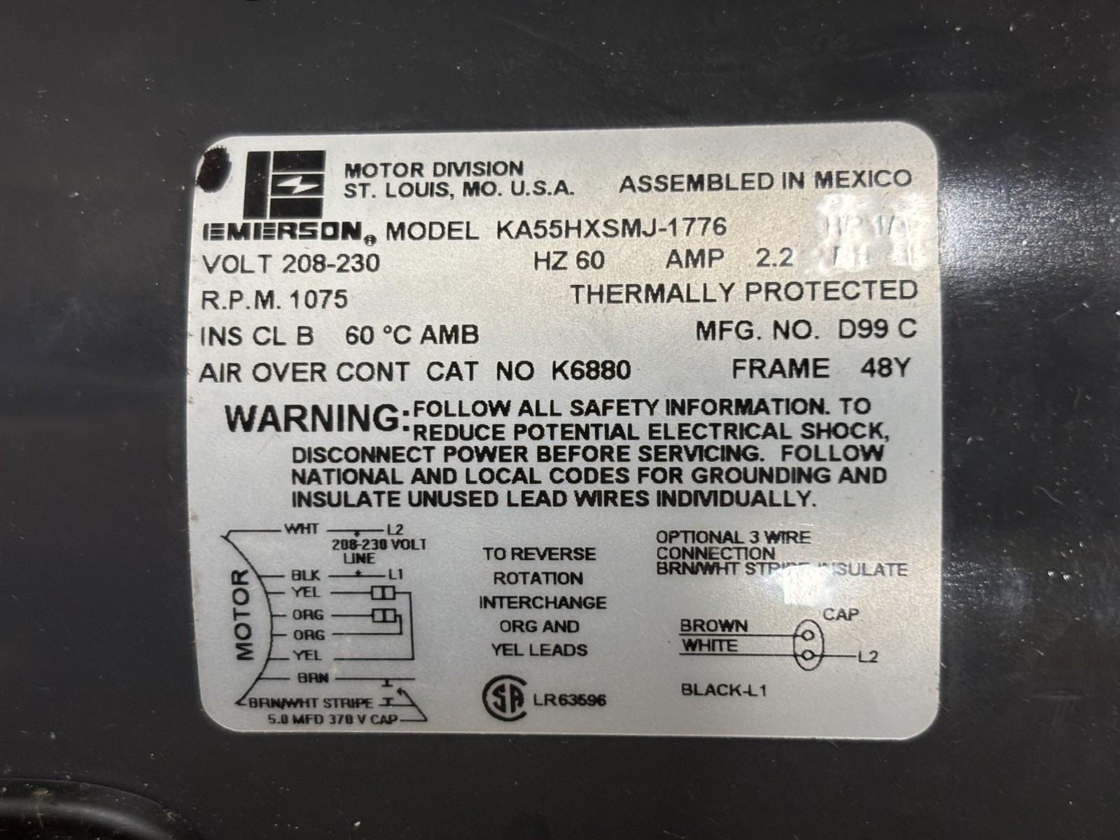 NEW Emerson 6880 PSC Condenser Fan Motor, KA55HXSMJ-1776, 1/3 Hp, 1075 Rpm, (26)