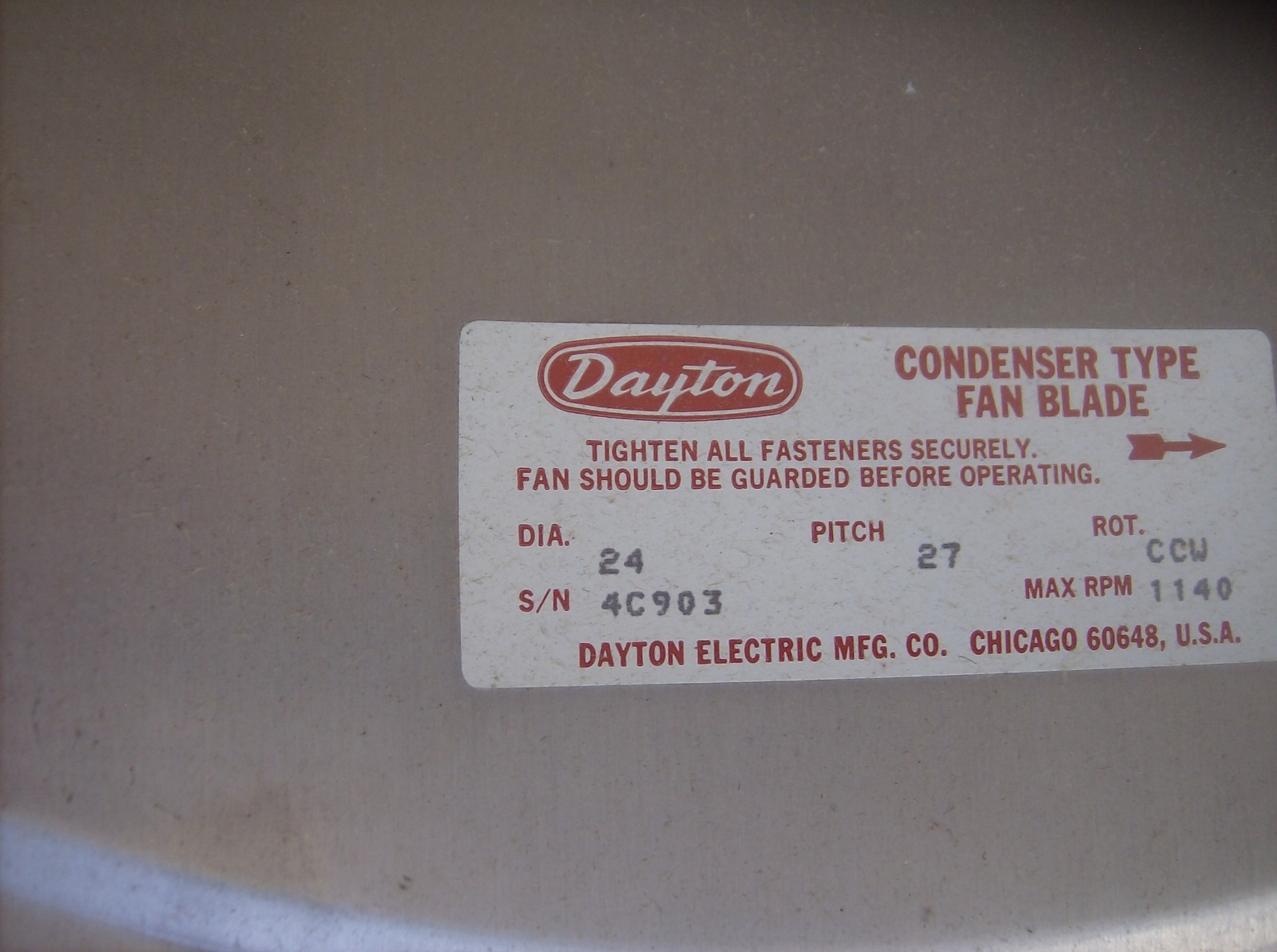 DAYTON CONDENSER TYPE FAN BLADE 24″ DIAMETER 27 DEGREE PITCH 4C903