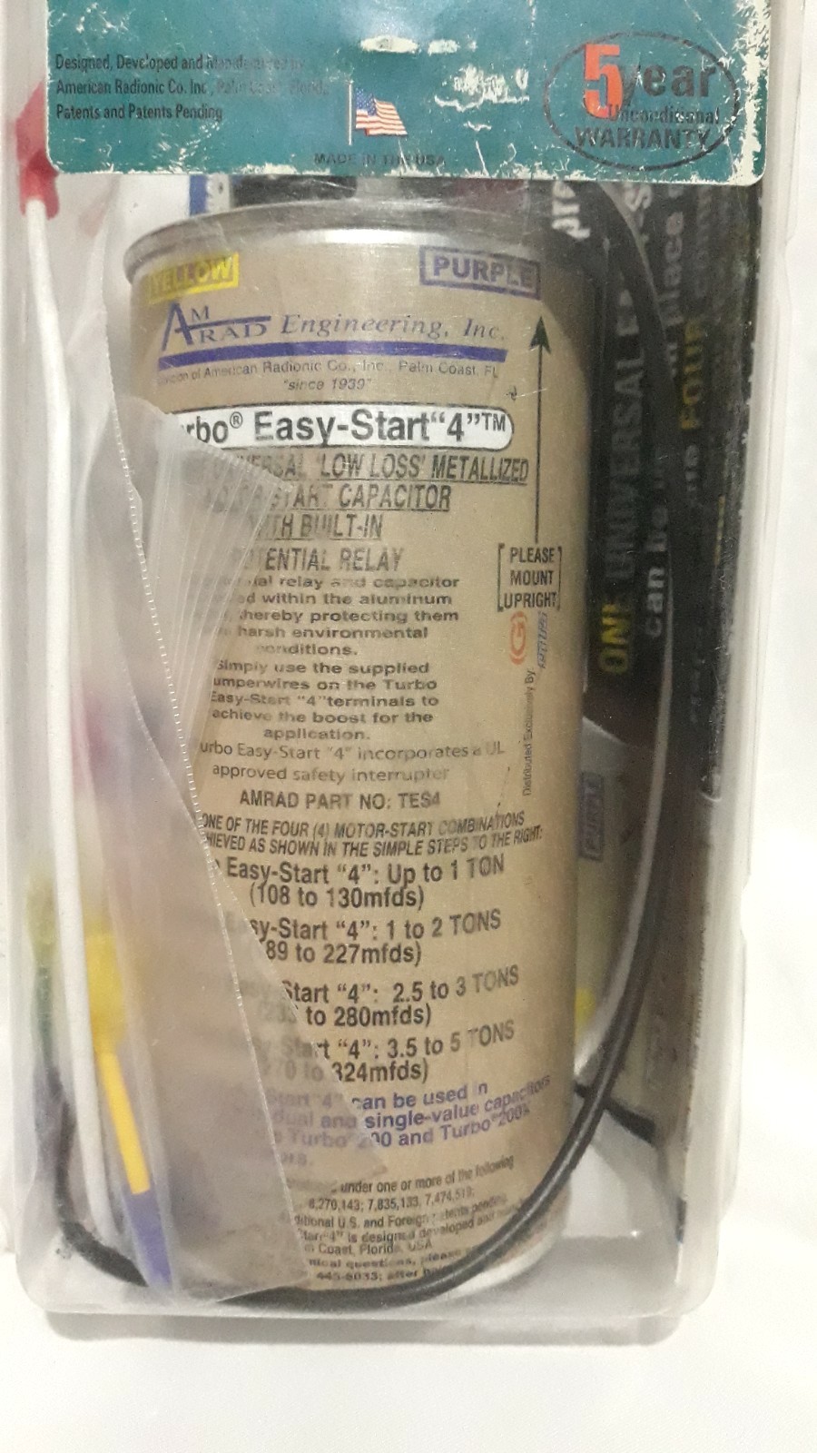 Amrad Turbo Easy-Start “4” Universal Start Capacitor TES4 2 Wire NIB 1-5 Ton