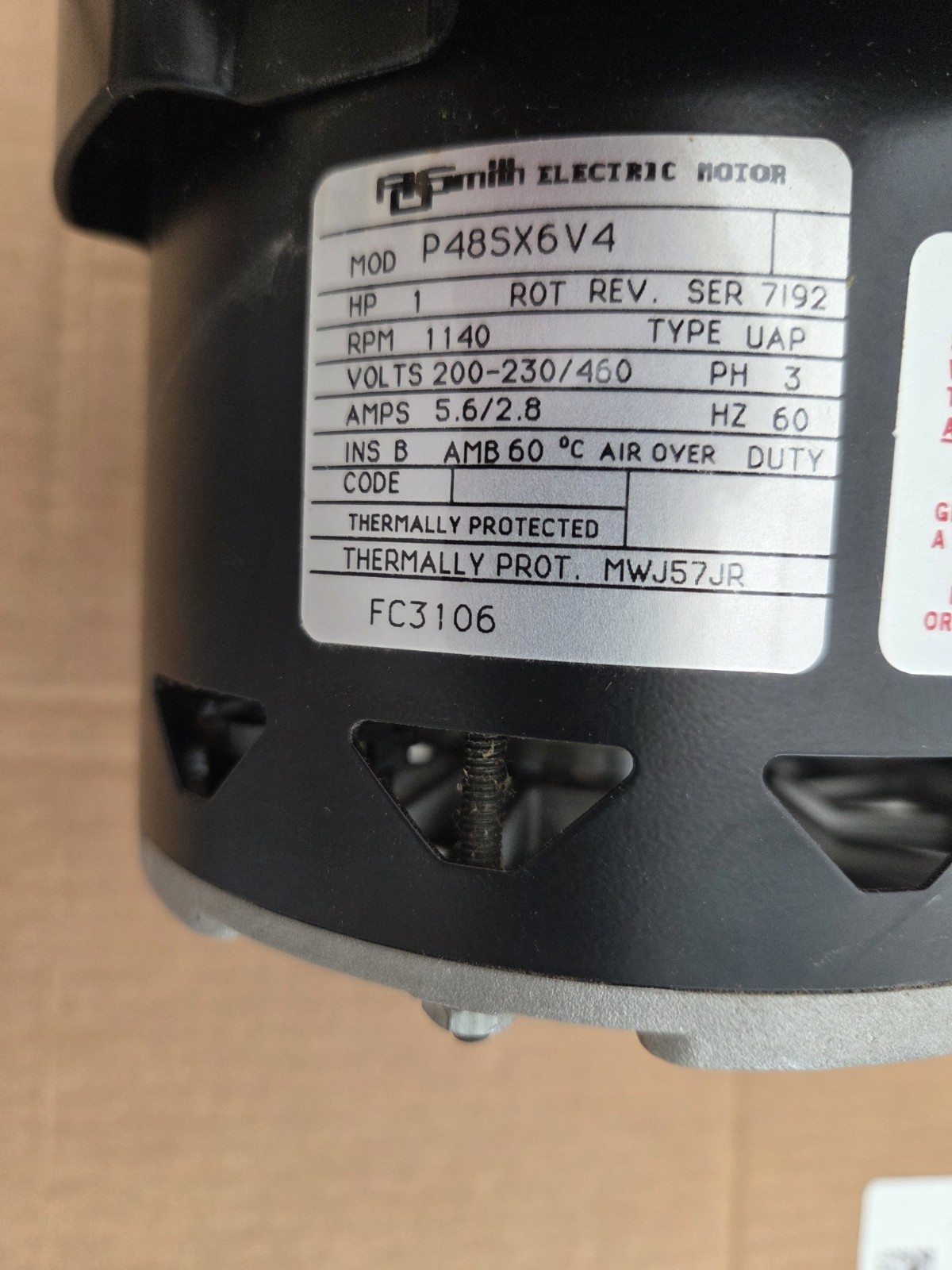 A.O. Smith Condenser Fan Motor, P48SX6V4, 3 Phase , 1hp, NEW/UNUSED