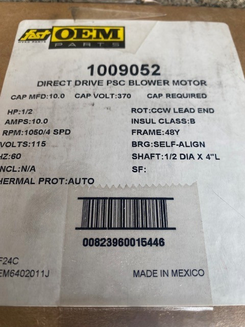 ICP 1009052 Blower Motor 1/2 HP 1050 RPM 4 Speed 1 Phase 115V
