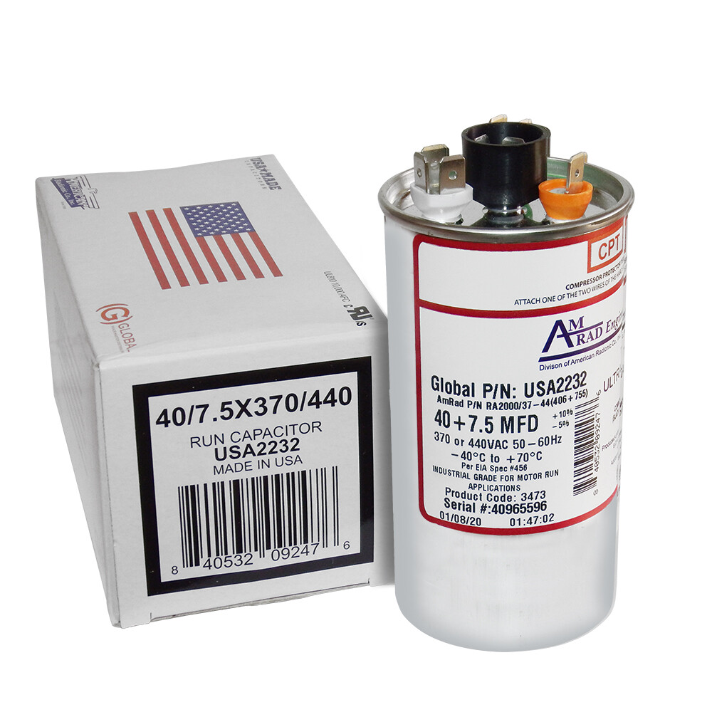 AmRad USA2232 Round Run Capacitor 40+7.5 uF MFD 370 / 440 Volt Made in USA