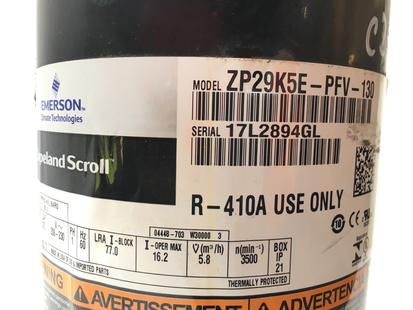 Copeland 2.5 Ton Scroll Compressor ZP29K5E-PFV-130 R410A 208/230V 1 PH used C25
