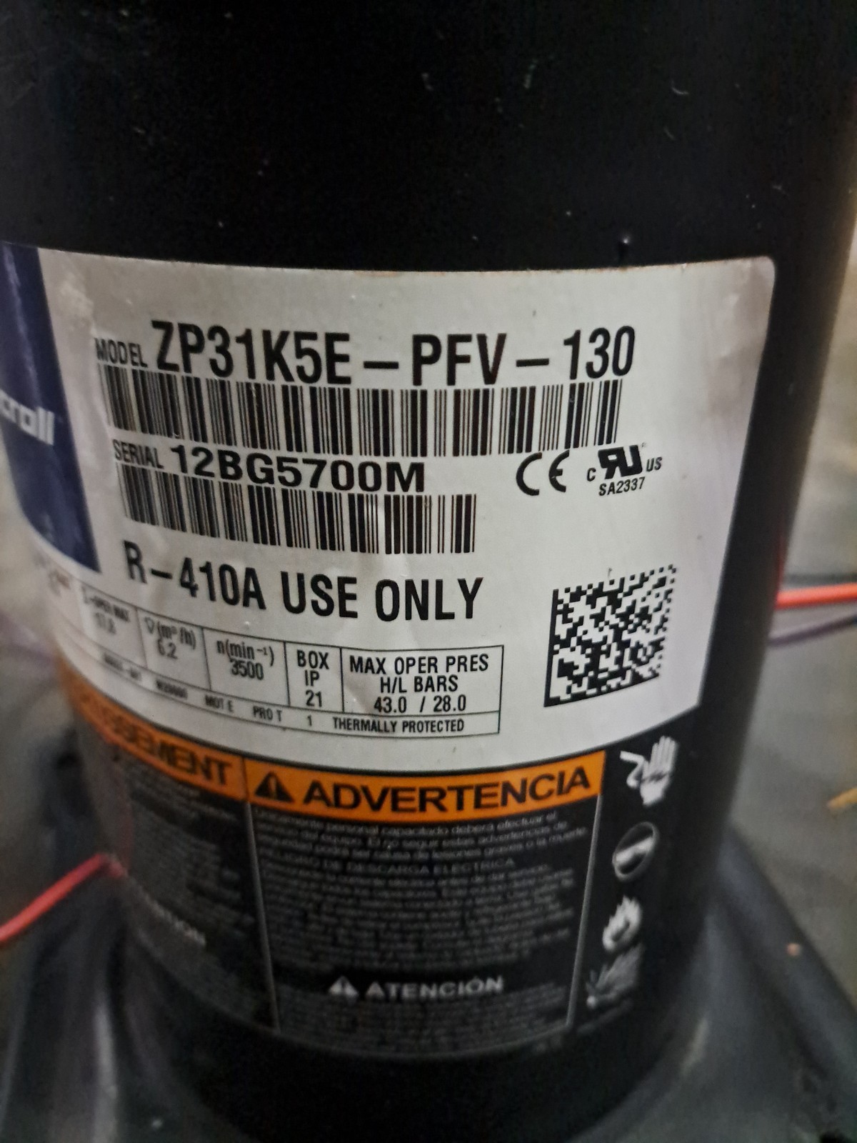 Copeland 2.5 Ton Scroll Compressor ZP31K5E-PFV-130 R410A 220V 1 PH used (L: T10)