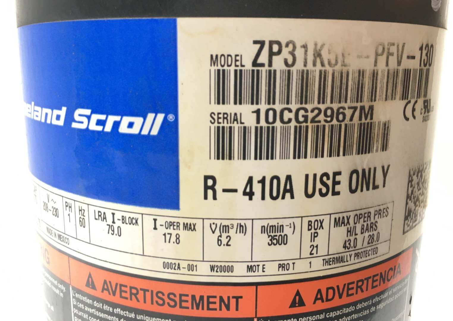 Copeland 2.5 Ton Scroll Compressor ZP31K5E-PFV-130 R410A 208/230V 1 PH used C27