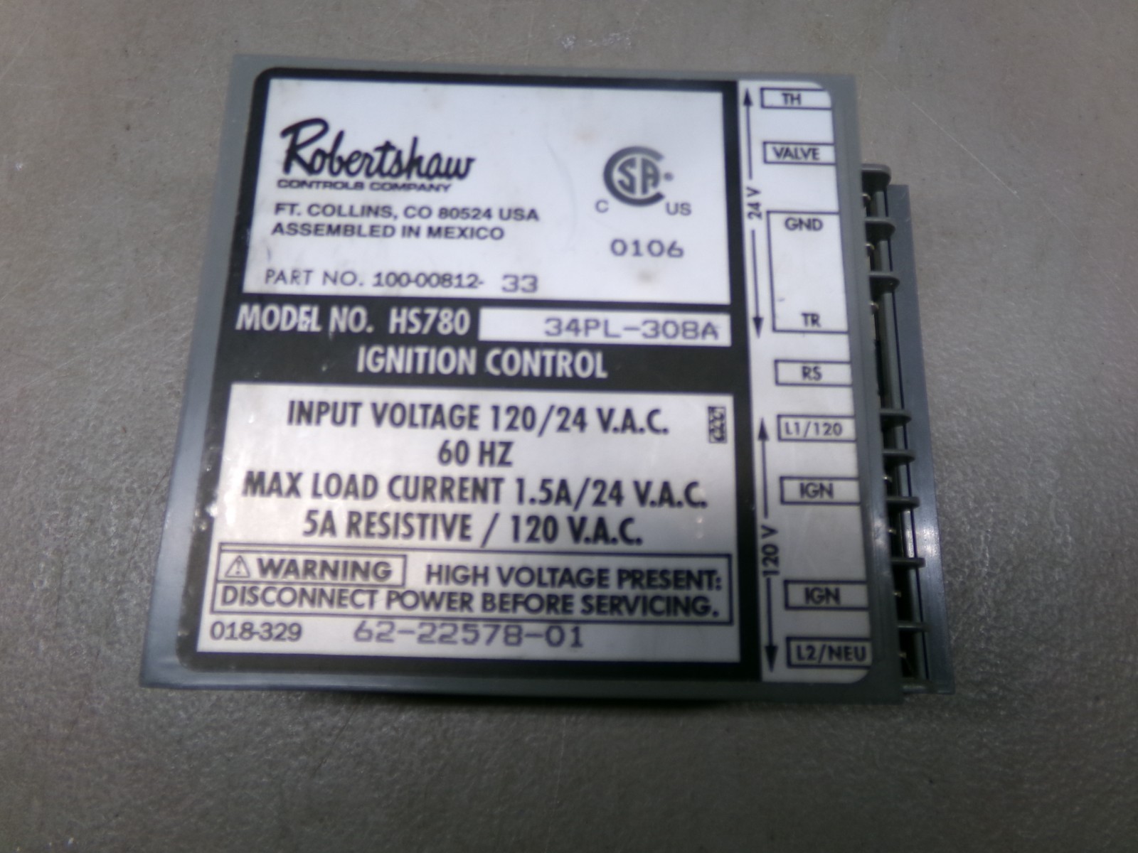 ROBERTSHAW HS780 34PL-308A IGNITION CONTROL MODULE #100-00812-33