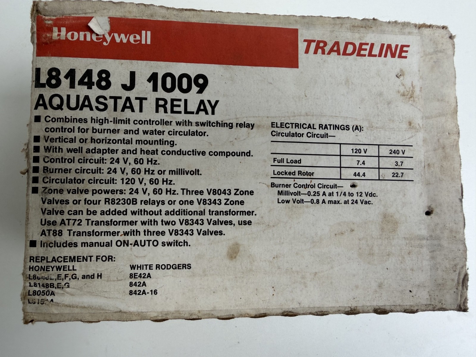 Honeywell L8148J 1009 Aquastat Relay Tradeline Boiler Control L8148J1009 24V/120