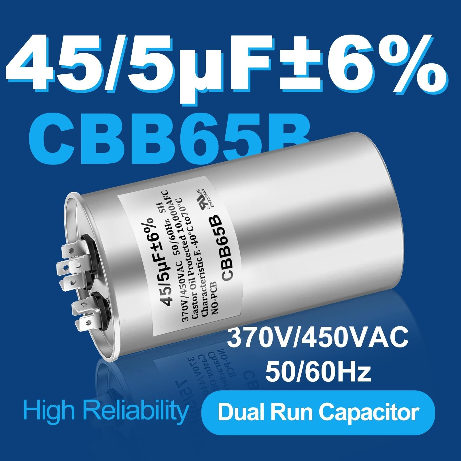 Dual Run Capacitor 45/5 MFD 370V 440VAC CBB65B for AC Motor & Fan Start 60x100mm