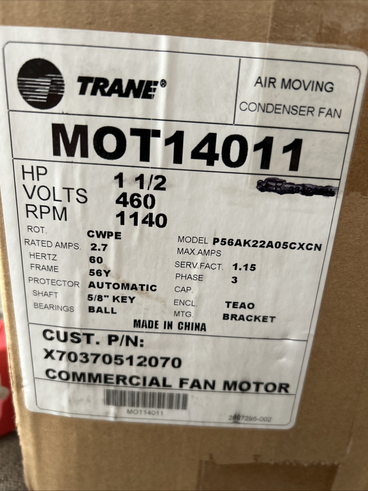 Trane MOT14011 Motor 1.5HP 1140RPM 460V