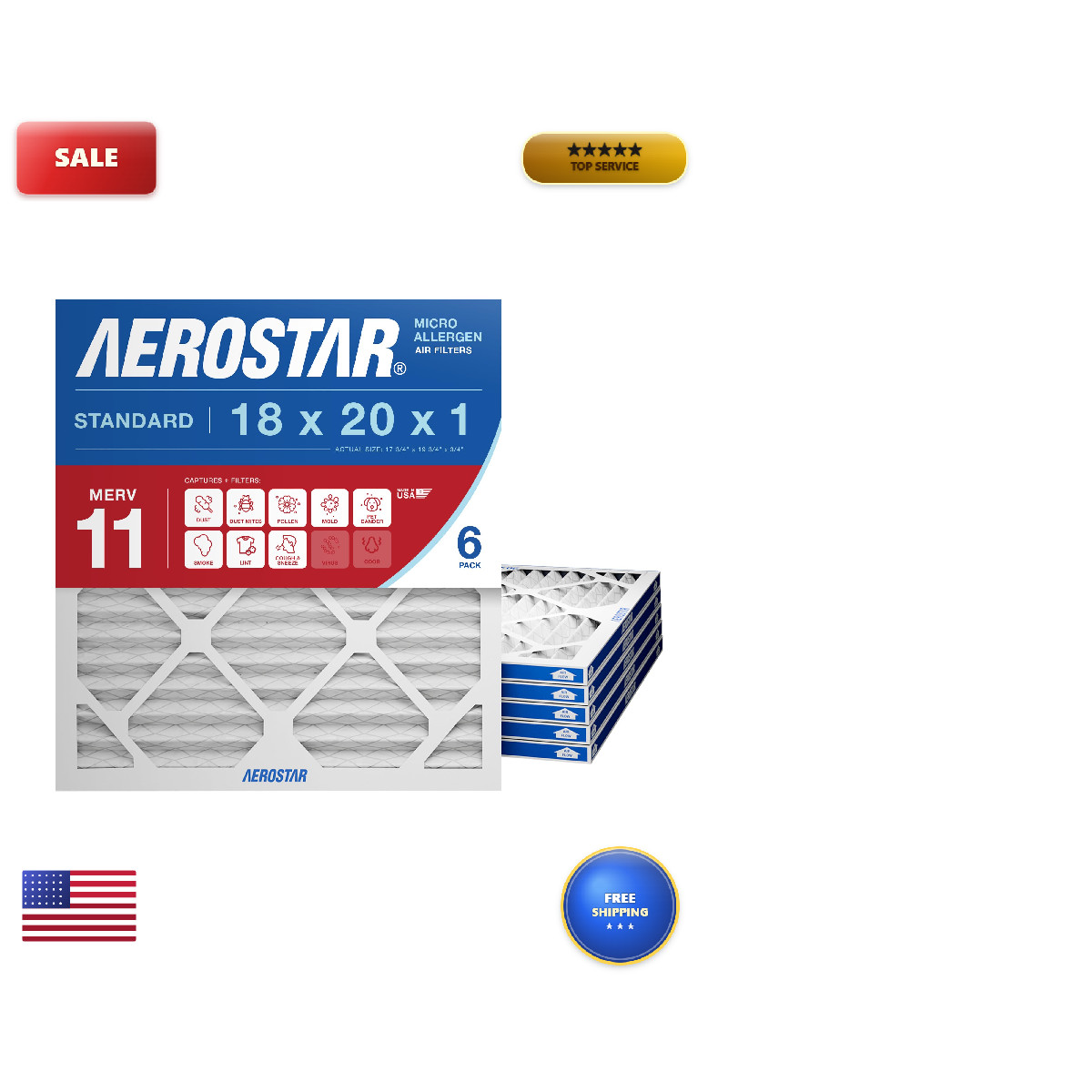 Aerostar 18X20X1 Merv 11 Air Filter 6 Count Actual Size 17.50 X 19.50 X 0.75
