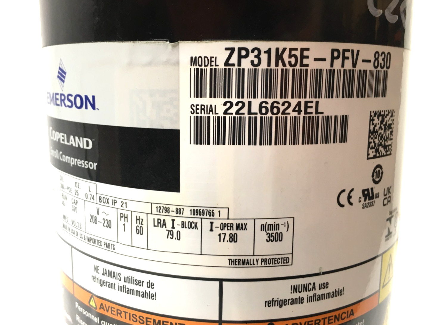 Copeland 2.5 Ton Scroll Compressor ZP31K5E-PFV-830 R410A 230V 1 PH used #C285