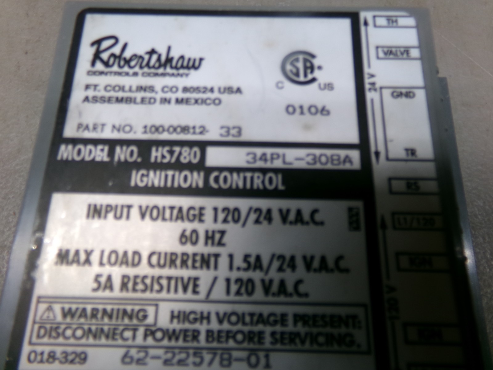ROBERTSHAW HS780 34PL-308A IGNITION CONTROL MODULE #100-00812-33