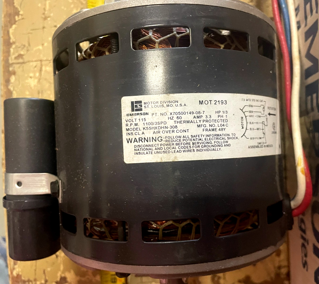 Emerson Motor Division MOT 2193 115VAC Heating and Air Conditioning Motor, 1/3HP