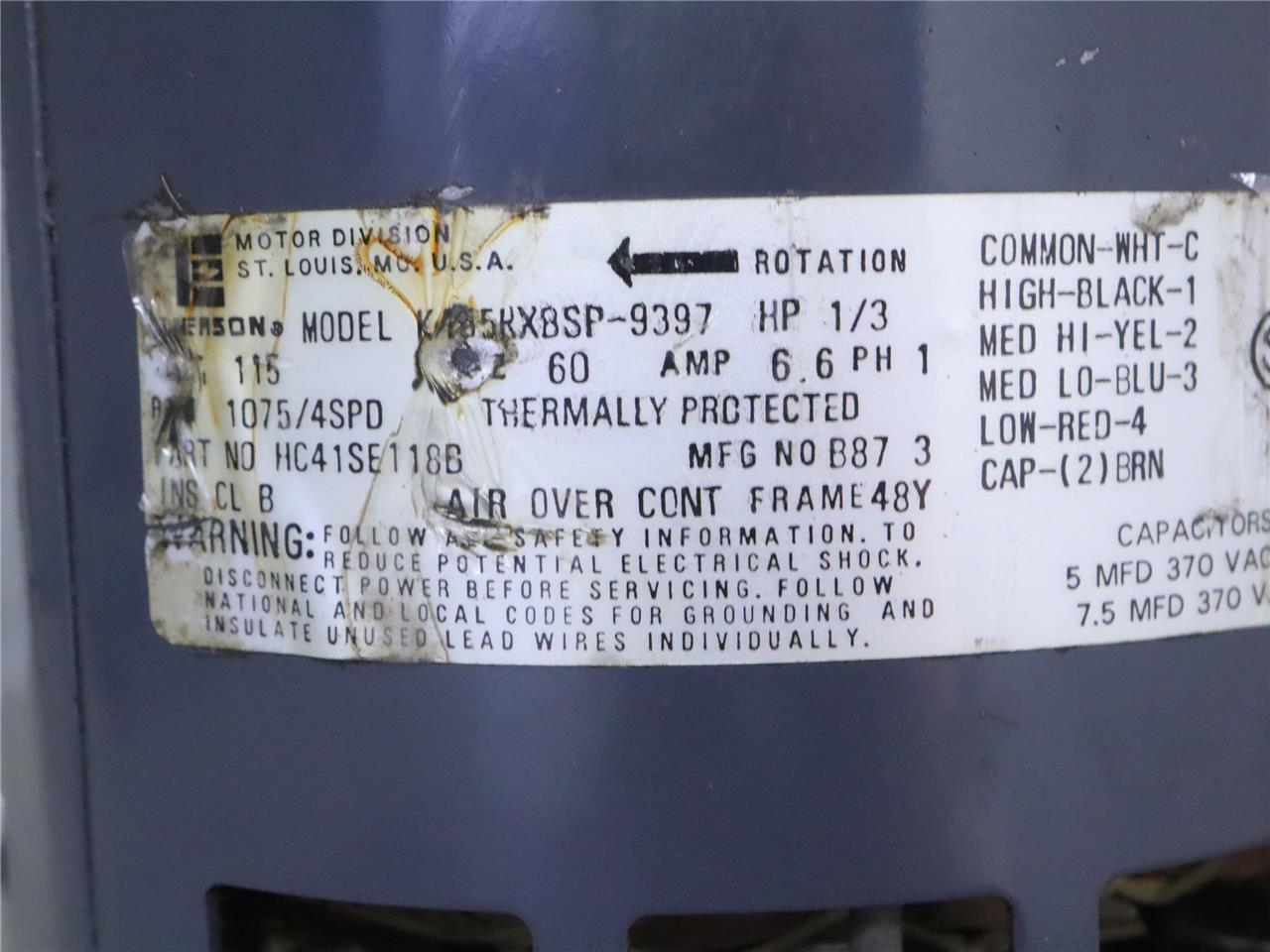 EMERSON KA55HXBSP-9397 Blower Motor 1/3HP 115V 1075RPM 4SPD HC41SE118B