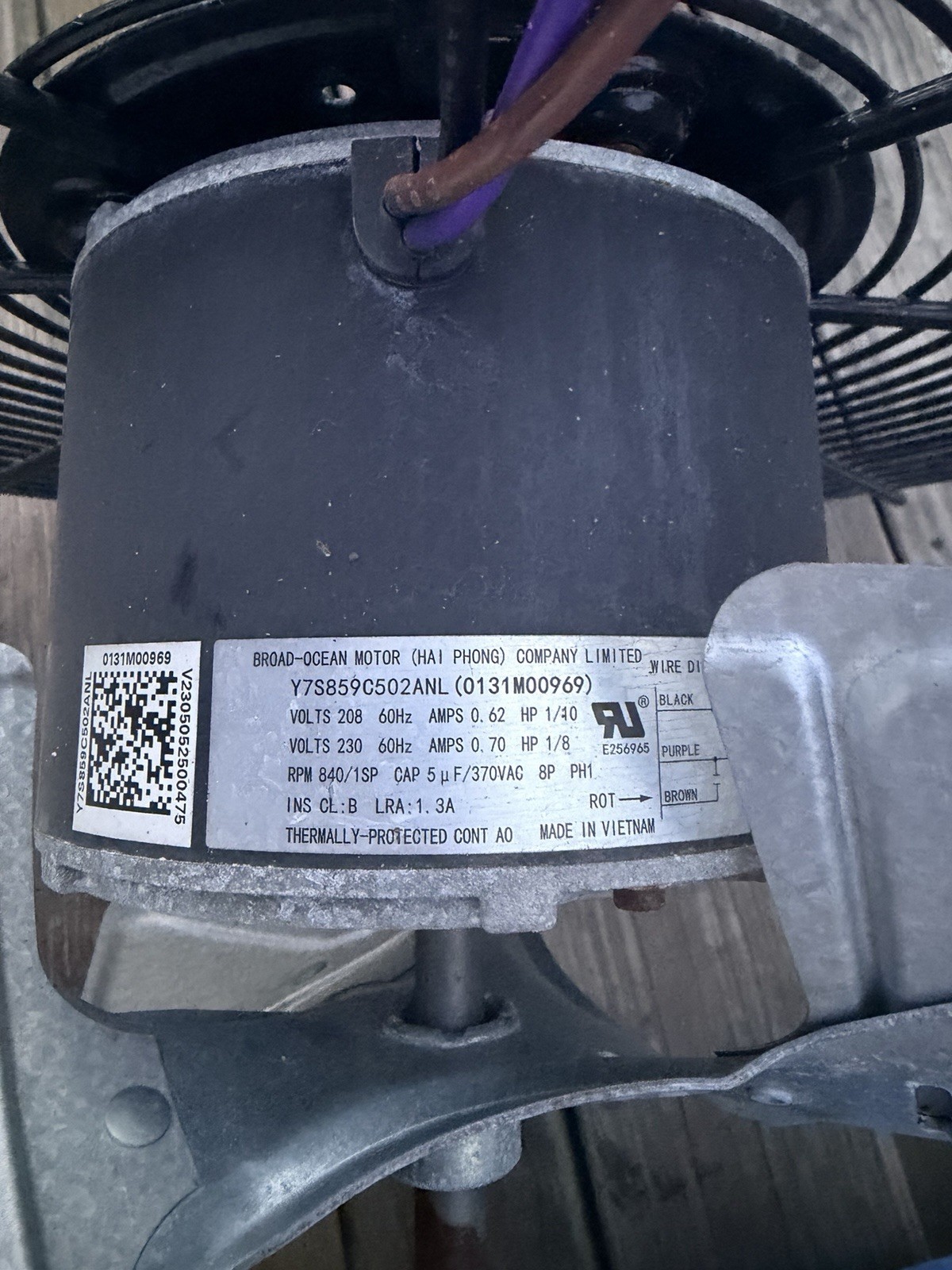 Broad-Ocean Motor Y7S859C502ANL Condenser Fan Motor 208/230V 0.70A