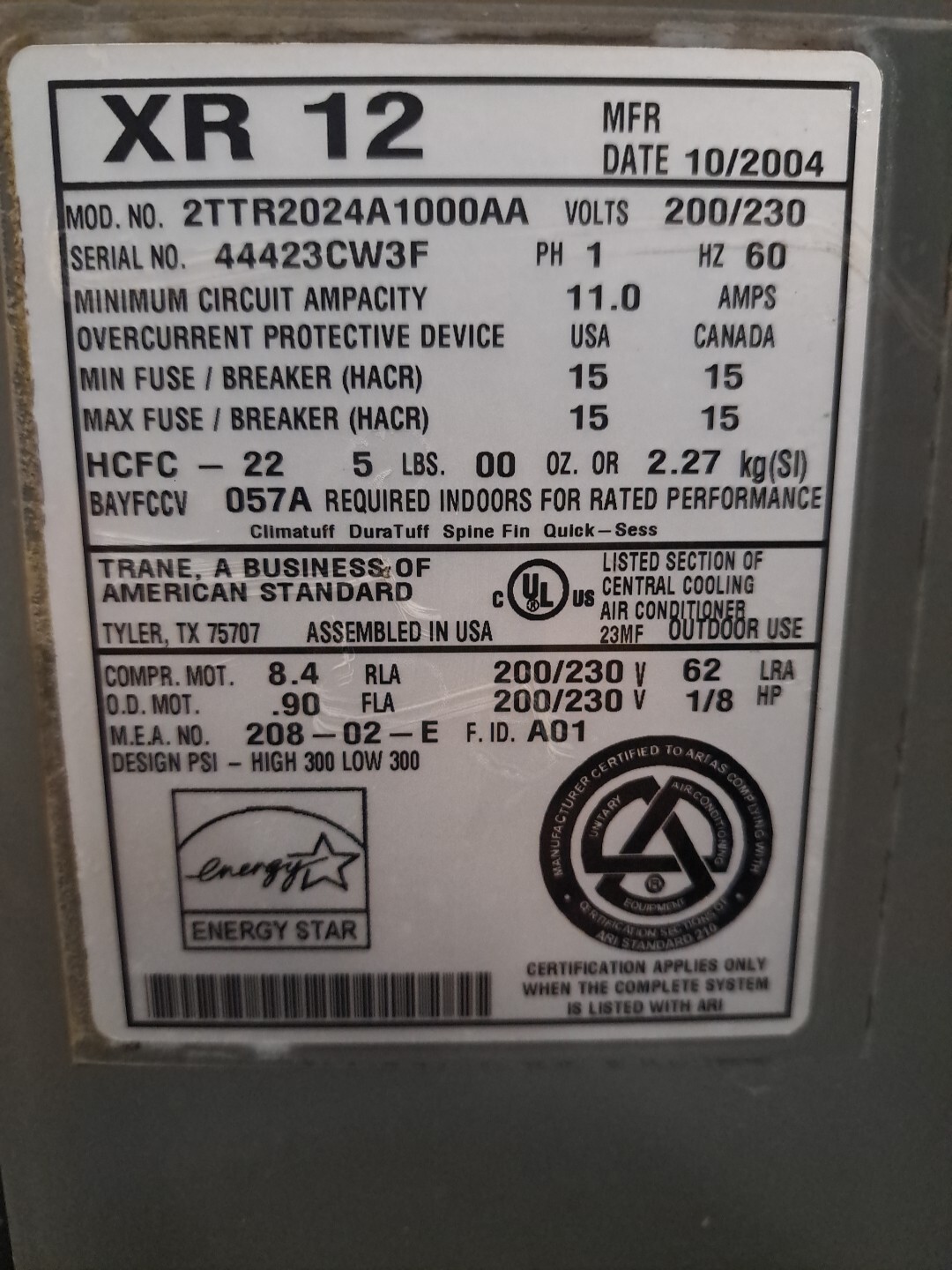 Trane X70370271010 5KCP39DGV441AS 1/8 HP 1100rpm fan motor